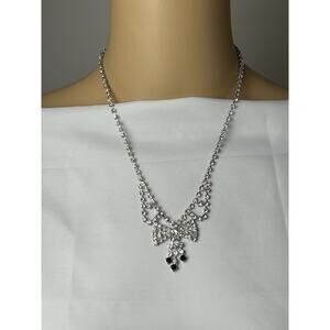 Cute Rhinestone Bow Tie Necklace With 3 Onyx Accent Stones. Unmarked.